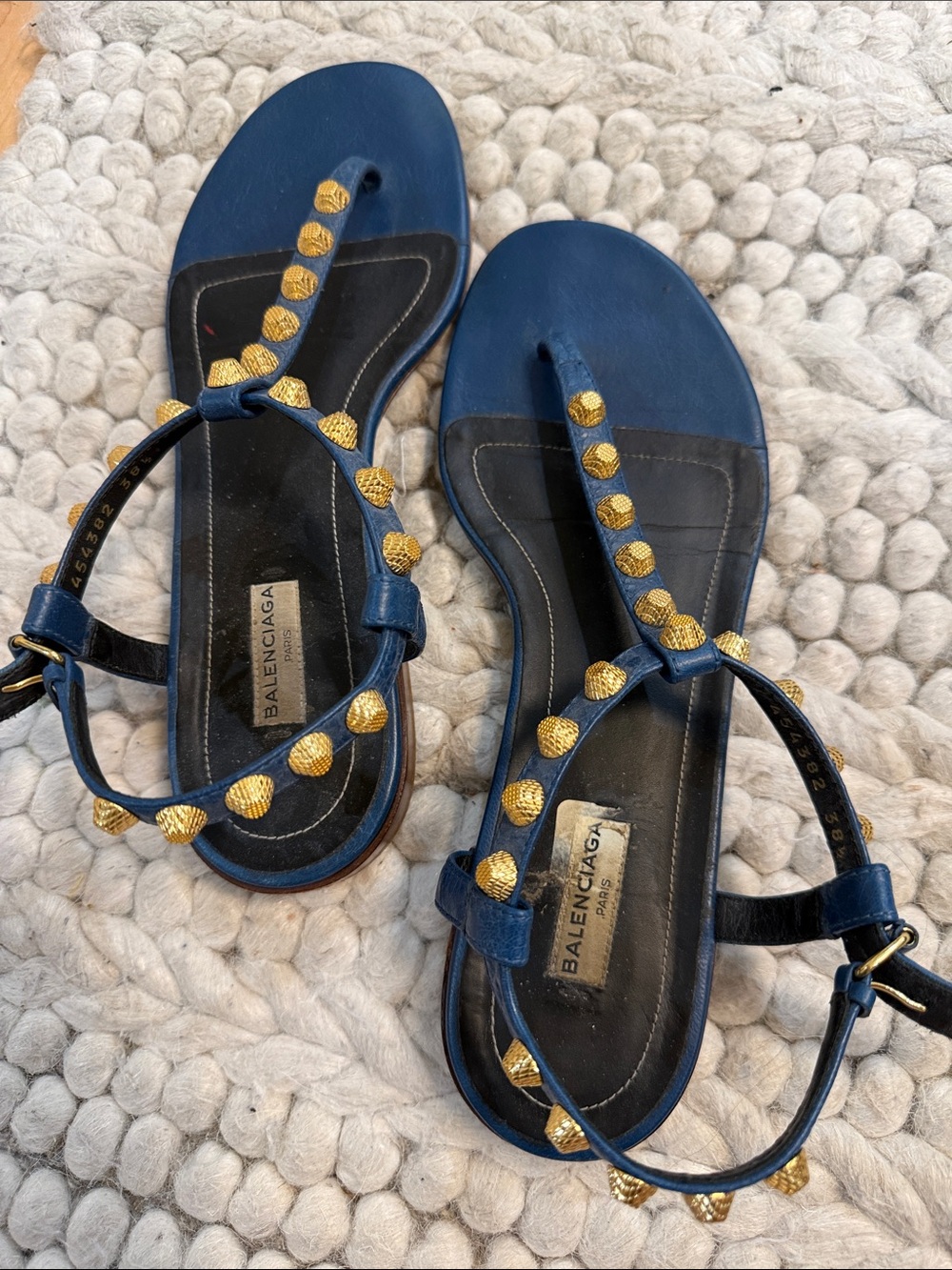 Balenciaga Blue Leather T-Strap Sandals with Gold Stud Accents